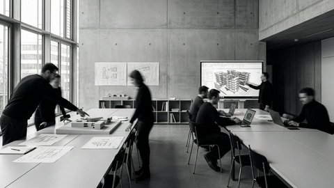 "Modernes Architekturbüro mit Betonwänden und großen Fenstern. Mehrere Personen in dunkler Kleidung arbeiten an weißen Tischen mit Bauplänen und Laptops. An der Wand hängen Grundrisse und eine digitale Anzeige zeigt ein 3D-Architekturmodell eines Wohngebäudes. Regale mit Fachbüchern, Schreibmaterialien und Modelle im Hintergrund.