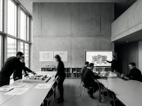 "Modernes Architekturbüro mit Betonwänden und großen Fenstern. Mehrere Personen in dunkler Kleidung arbeiten an weißen Tischen mit Bauplänen und Laptops. An der Wand hängen Grundrisse und eine digitale Anzeige zeigt ein 3D-Architekturmodell eines Wohngebäudes. Regale mit Fachbüchern, Schreibmaterialien und Modelle im Hintergrund.