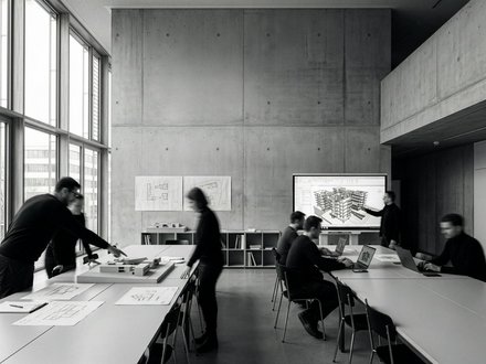 "Modernes Architekturbüro mit Betonwänden und großen Fenstern. Mehrere Personen in dunkler Kleidung arbeiten an weißen Tischen mit Bauplänen und Laptops. An der Wand hängen Grundrisse und eine digitale Anzeige zeigt ein 3D-Architekturmodell eines Wohngebäudes. Regale mit Fachbüchern, Schreibmaterialien und Modelle im Hintergrund.