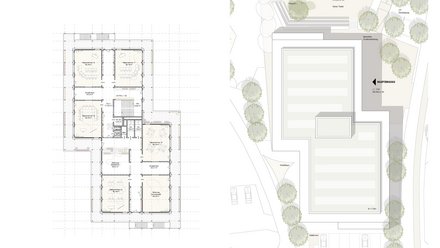 Grundriss des zweiten Obergeschosses und Dachaufsicht eines Schulgebäudes.