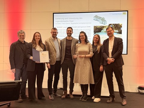 Sieben Personen auf einer Bühne bei einer Preisverleihung; eine hält eine Urkunde, eine weitere einen Glaspokal. Hinter ihnen eine Folie mit dem Titel „Sanierung und Umnutzung des Jugendstilparks Haar“, rotes Bühnenlicht.