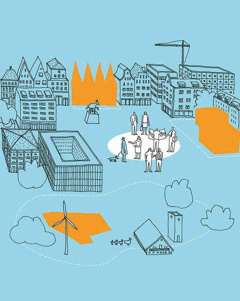 Farbige Illustration einer zukunftsorientierten Stadt auf türkisem Hintergrund. Zeigt ein integriertes Stadtökoystem: links historische und neue Gebäude mit begrüntem Dach und Nutzgarten, zentral diverse Menschen verschiedener Generationen und Kulturen im öffentlichen Raum, oben orange Wärme-Symbol zwischen Gebäuden, rechts moderne Architektur mit Baustelle und Kran. Unten nachhaltige Energiequellen: Windkraftanlage mit orangem Rotorblatt und Solarhaus mit Gemüseanbau. Alles vernetzt durch gepunktete Linien und umgeben von grünen Bäumen."