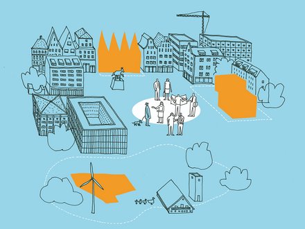 Farbige Illustration einer zukunftsorientierten Stadt auf türkisem Hintergrund. Zeigt ein integriertes Stadtökoystem: links historische und neue Gebäude mit begrüntem Dach und Nutzgarten, zentral diverse Menschen verschiedener Generationen und Kulturen im öffentlichen Raum, oben orange Wärme-Symbol zwischen Gebäuden, rechts moderne Architektur mit Baustelle und Kran. Unten nachhaltige Energiequellen: Windkraftanlage mit orangem Rotorblatt und Solarhaus mit Gemüseanbau. Alles vernetzt durch gepunktete Linien und umgeben von grünen Bäumen."
