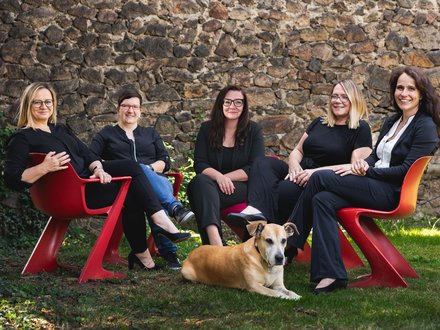 Das Team des Radebeuler Büros: Kerstin Demarczyk, Sandra Bias, Andrea Obst, Antje Liebthal, Nadine Merkla (v. l. n. r.), vorn Bürohündin Kira