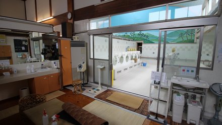 Innenraum eines traditionellen öffentlichen Badehauses mit Waschplätzen und Wandmalerei.