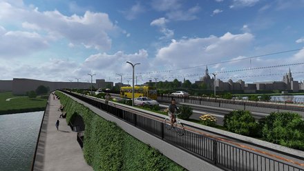 Eine weitere Brückenansicht zeigt den Übergang zwischen Verkehrsflächen und begrünten Randzonen mit Blick auf die Stadt im Hintergrund, Menschen nutzen die Wege zum Gehen oder Radfahren, wodurch das Bild die Brücke als verbindendes Element zwischen Stadt, Fluss und Freiraum darstellt und für integrierte Stadt- und Verkehrsplanung steht.