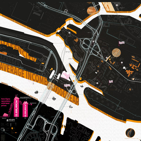 „Eine dunkle, grafische Stadtkarte zur Visualisierung sozioökonomischer Daten. Ein markanter, orangefarbener Schriftzug auf der Karte verweist auf das Durchschnittseinkommen, ergänzt durch pinkfarbene Balkendiagramme in der unteren Ecke.“