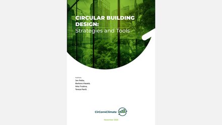 Das Bild zeigt das Titelblatt einer Publikation mit dem Titel „Circular Building Design: Strategies and Tools“. Der obere Teil ist grün eingefärbt und zeigt eine Kombination aus moderner Stadtarchitektur und Bäumen, wodurch Stadt und Natur miteinander verschmelzen. Die Gestaltung ist klar und professionell, ergänzt durch das Logo von „CirCon4Climate“ und ein Datum. Zweck des Bildes ist es, einen internationalen Leitfaden vorzustellen, der Strategien und Werkzeuge für zirkuläres Bauen vermittelt und nachhaltige Planung im urbanen Raum thematisiert.