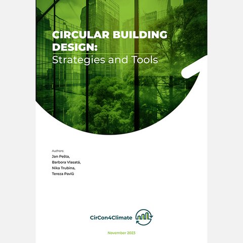 Das Bild zeigt das Titelblatt einer Publikation mit dem Titel „Circular Building Design: Strategies and Tools“. Der obere Teil ist grün eingefärbt und zeigt eine Kombination aus moderner Stadtarchitektur und Bäumen, wodurch Stadt und Natur miteinander verschmelzen. Die Gestaltung ist klar und professionell, ergänzt durch das Logo von „CirCon4Climate“ und ein Datum. Zweck des Bildes ist es, einen internationalen Leitfaden vorzustellen, der Strategien und Werkzeuge für zirkuläres Bauen vermittelt und nachhaltige Planung im urbanen Raum thematisiert.