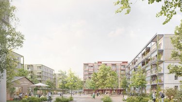 Visualisierung eines begrünten Wohnquartiers, autofreier Platz mit Bäumen, Wegen, Menschen und gemischter Nutzung im Erdgeschoss.