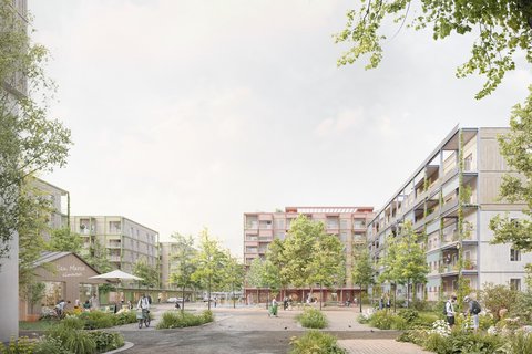 Visualisierung eines begrünten Wohnquartiers, autofreier Platz mit Bäumen, Wegen, Menschen und gemischter Nutzung im Erdgeschoss.