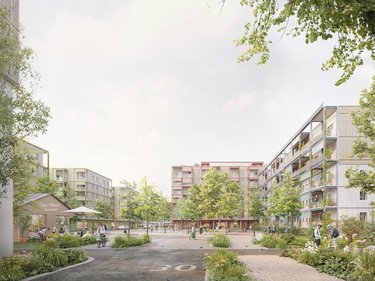 Visualisierung eines begrünten Wohnquartiers, autofreier Platz mit Bäumen, Wegen, Menschen und gemischter Nutzung im Erdgeschoss.