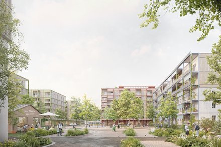 Visualisierung eines begrünten Wohnquartiers, autofreier Platz mit Bäumen, Wegen, Menschen und gemischter Nutzung im Erdgeschoss.
