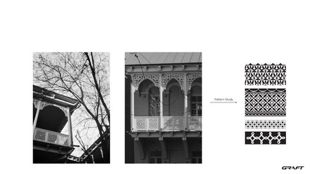 Dreiteilige Bildtafel: links ein hochformatiges Schwarzweißfoto einer hölzernen Veranda mit filigraner, geschnitzter Brüstungs‑ und Bogenornamentik und kahlen Baumästen im Vordergrund; in der Mitte ein Schwarzweiß‑Detailfoto einer verzierten Holz‑Balkonfassade mit Säulen, Rundbögen und ornamental gefüllten Feldern; rechts eine vertikale Staffel mit sechs schwarz‑weißen Ornamentfeldern (Pattern Study) mit verschiedenen geometrischen und floralen Bordürenmustern. Unten rechts kleines Logo „GRAFT“.