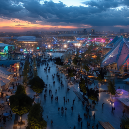 Panorama eines stark besuchten Expo Geländes bei Abenddämmerung mit leuchtenden Pavillons und breiten Wegen. Ein Flugzeug fliegt im Anflug über die Szene.