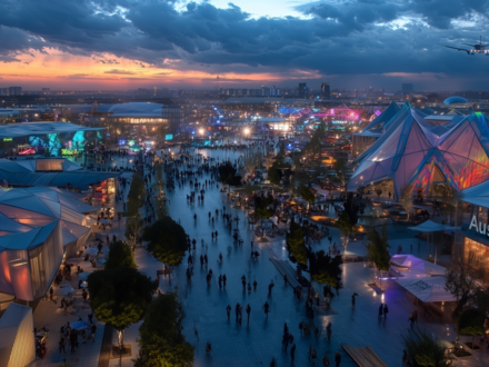 Panorama eines stark besuchten Expo Geländes bei Abenddämmerung mit leuchtenden Pavillons und breiten Wegen. Ein Flugzeug fliegt im Anflug über die Szene.