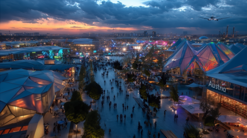 Panorama eines stark besuchten Expo Geländes bei Abenddämmerung mit leuchtenden Pavillons und breiten Wegen. Ein Flugzeug fliegt im Anflug über die Szene.