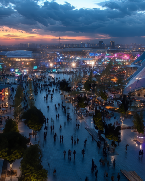 Panorama eines stark besuchten Expo Geländes bei Abenddämmerung mit leuchtenden Pavillons und breiten Wegen. Ein Flugzeug fliegt im Anflug über die Szene.