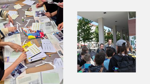 Schülerinnen und Schüler arbeiten gemeinsam an Modellen und Entwürfen bei einem Architektur-Workshop.