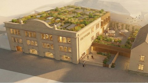 3D-Visualisierung der Kneppfabrik mit einer Photovoltaik-Anlage auf dem Gründach und einer belebten Dachterrasse mit Sitzgelegenheiten.