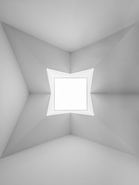 Quadratisches Oberlicht mit skulptural gefalteter Decke, das den minimalistischen Innenraum mit Tageslicht erhellt.