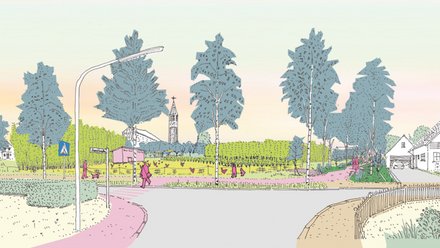 Perspektivische Illustration eines Weges durch Grünraum.