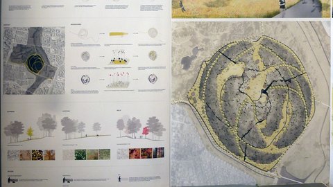 Entwurfsplakat „Urbane Wälder / Kienberg Metamorphose“ mit Visualisierung und Masterplan.