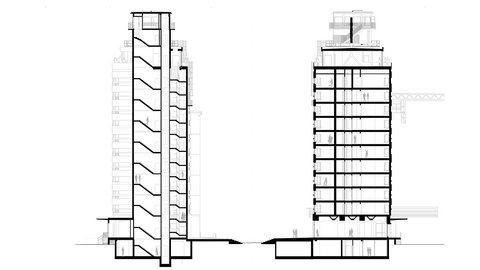 Zwei vertikale Schnitte SW/NE 1:200; Turm mit vielen Geschossen, Treppen- und Aufzugskern, Dachaufbau, Untergeschoss – Figuren zur Maßstabsangabe.