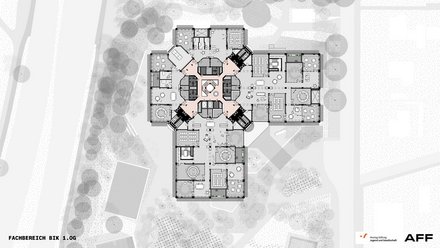 Grundriss 1. Obergeschoss eines Schulbaus mit zentraler Lernlandschaft und umliegenden Unterrichts- und Gemeinschaftsräumen.