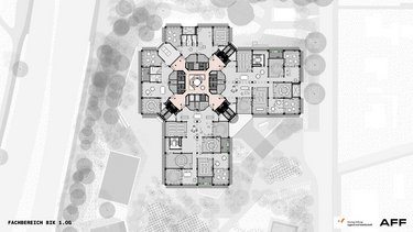 Grundriss 1. Obergeschoss eines Schulbaus mit zentraler Lernlandschaft und umliegenden Unterrichts- und Gemeinschaftsräumen.