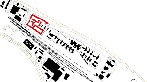 Grafische Illustration eines länglichen Stadtgrundrisses mit Pfeilen, Symbolen und typografischen Elementen.