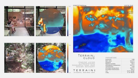 „Eine Gegenüberstellung von normalen Fotos und farbigen Wärmebildern, die Temperaturunterschiede zwischen einer Person, Architektur und Pflanzen zeigt, ergänzt durch eine große Thermografie und technische Daten.“