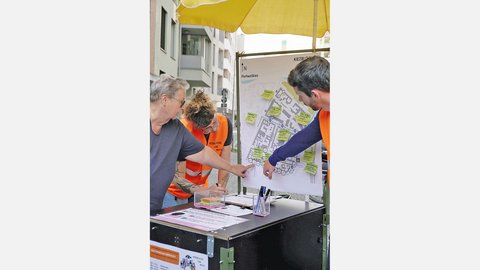 Drei Personen unter einem gelben Sonnenschirm betrachten gemeinsam einen großen Lageplan an einem Info-Stand. Die Person links trägt eine dunkle Brille und graues Shirt, die mittlere Person trägt eine orange Warnweste und die rechte Person trägt einen dunklen Pullover mit oranger Weste. Auf dem Tisch vor ihnen liegen Unterlagen und ein Glas mit Stiften. Der Plan zeigt einen Stadtplan mit grünen Notiz-Zetteln. Im Hintergrund mehrstöckige Wohnhäuser. Die Szene wirkt wie ein Bürgerbeteiligungsprozess."
