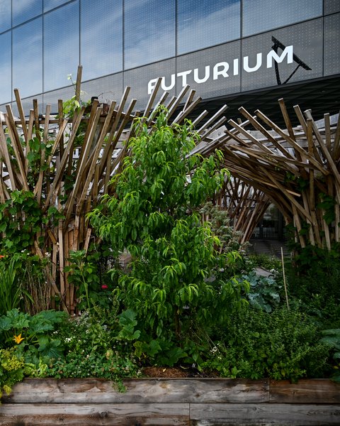 Begrünte Holzstruktur mit Hochbeeten vor dem Futurium in Berlin.