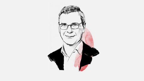 "Illustration eines Mannes mittleren Alters mit kurz geschnittenem grauem Haar und Brille mit schwarzem Rahmen. Die Zeichnung ist in schwarzer Tinte ausgeführt. Der Mann trägt ein schwarzes Sakko über einem hellen Hemd. Hinter dem Hals und der rechten Schulter sind rosa Aquarell-Pinselstriche zu sehen, die einen abstrakten künstlerischen Hintergrund bilden. Der Mann hat einen ruhigen, zufriedenen Gesichtsausdruck. Die Illustration kombiniert präzise Strichzeichnung mit freien Aquarellakzenten auf weißem Untergrund."
