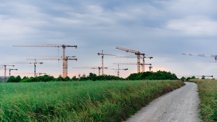 Mehrere Baukräne stehen hinter einer grünen Wiese; ein schmaler Weg führt durch die Landschaft, im Hintergrund Baustellen und niedrige Bebauung unter bewölktem Himmel.