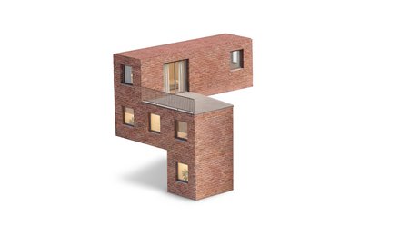 3D‑Rendering: Ziegelfarbenes Modul in F‑Form mit auskragendem Obergeschoss und Dachterrasse; mehrere Fenster mit warmer Innenbeleuchtung.