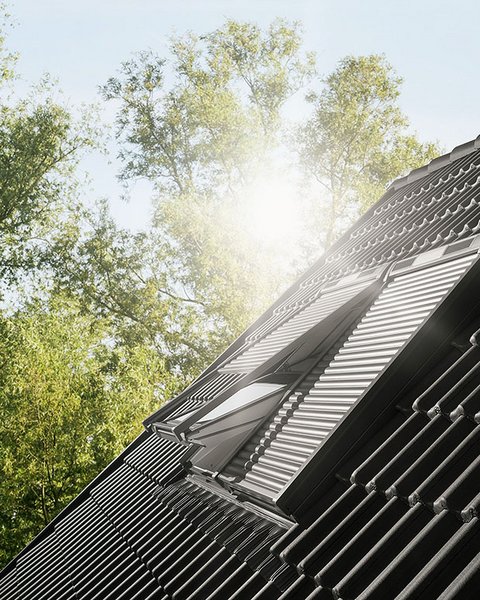 „Ein modernes Dachfenster auf einem dunklen Ziegeldach, angestrahlt von hellem Sonnenlicht vor dem Hintergrund grüner Baumkronen.“