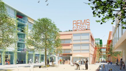 Illustration eines belebten Quartiersplatzes mit Gebäuden, Bäumen und spielenden Menschen.