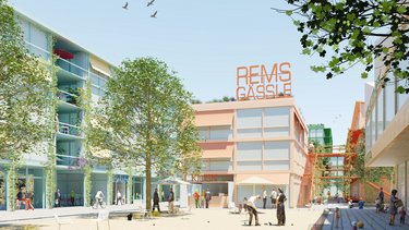 Illustration eines belebten Quartiersplatzes mit Gebäuden, Bäumen und spielenden Menschen.