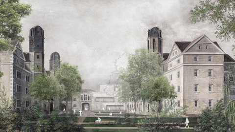 Eine atmosphärische Darstellung zeigt einen parkartigen Raum zwischen mehreren historischen Baukörpern mit Türmen und einem zurückhaltenden Neubau im Hintergrund, Wege, Grünflächen und Wasserflächen strukturieren den Raum, während vereinzelte Personen sich dort aufhalten, was den Ort als ruhigen, öffentlichen Freiraum mit hoher Aufenthaltsqualität und Verbindung von Denkmalpflege, Landschaft und zeitgenössischer Nutzung beschreibt.