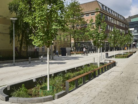 "Luftaufnahme eines modernen, gut ausgestatteten Stadtplatzes an einem sonnigen Tag. Der Platz ist mit hellem Naturstein gepflastert. Im Vordergrund verlaufen mehrere lange, rechteckige Hochbeete mit dunkelgrünem Metallgeländer und Bepflanzung. Weiße Metallstraßenlaternen stehen verteilt auf dem Platz. Am Rand des Platzes sind historische rote Backsteingebäude verschiedener Größen sichtbar. Auf dem Platz sind mehrere Menschen zu sehen, darunter ein Fahrradfahrer. Die Szene wirkt offen, modern gestaltet und öffentlich zugänglich."