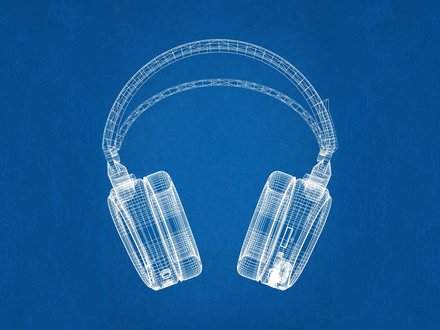 Großformatige technische Illustration eines Over-Ear-Kopfhörers in detailliertem Wireframe-Design mit weißen Gitterlinien auf dunkelblauem Hintergrund. Beide Ohrmuscheln und der Kopfbügel sind vollständig sichtbar.