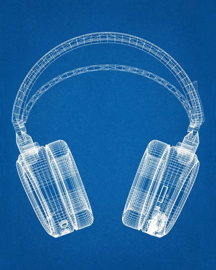 Großformatige technische Illustration eines Over-Ear-Kopfhörers in detailliertem Wireframe-Design mit weißen Gitterlinien auf dunkelblauem Hintergrund. Beide Ohrmuscheln und der Kopfbügel sind vollständig sichtbar.