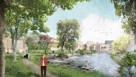 Illustration eines renaturierten Flussraums mit Wegen, Bäumen und Menschen am Wasser.