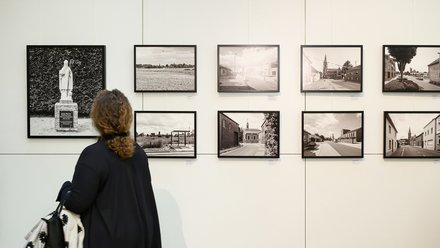 Person betrachtet gerahmte Schwarzweißfotografien an einer Ausstellungswand.