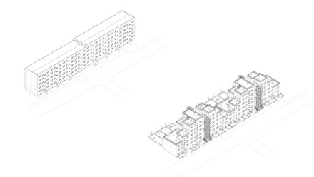 Axonometrie Vorher/Nachher Alt: Links langer Plattenbau im Bestand; rechts umgebaut zu gestaffelten Wohnhäusern mit Gärten und Außentreppen entlang derselben Straße.