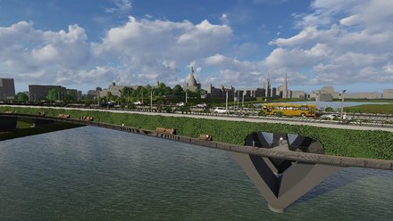 Eine Visualisierung zeigt eine breite Brücke über einen Fluss mit begrünten Randzonen, Sitzgelegenheiten und Verkehrsflächen, auf denen Busse, Autos und Menschen unterwegs sind, die Brücke ist als linearer öffentlicher Raum gestaltet und verbindet Ufer, Stadt und Landschaft, wodurch das Bild Infrastruktur als multifunktionalen Stadtraum darstellt und für nachhaltige Mobilität, Aufenthalt und urbane Vernetzung steht.