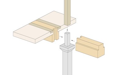 Explosionszeichnung: Holzdeckenelement mit seitlichen Passstücken wird von drei Seiten auf eine Betonstütze mit Kopf geschoben; Pfeile zeigen die Montage.