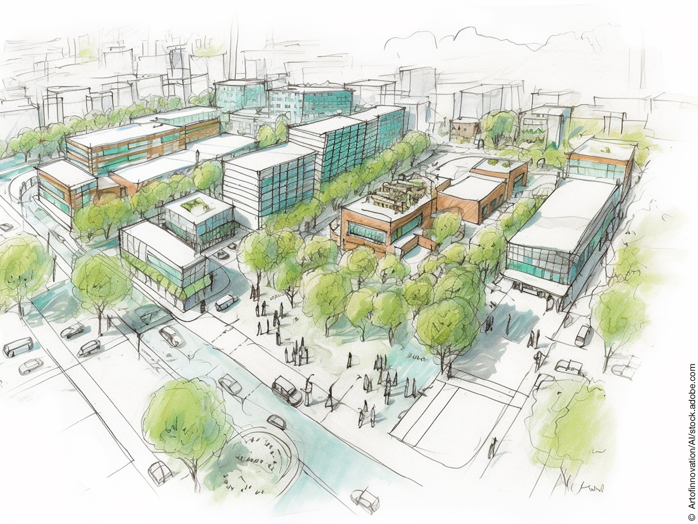 Konzeptskizze eines urbanen Raums mit Begrünung